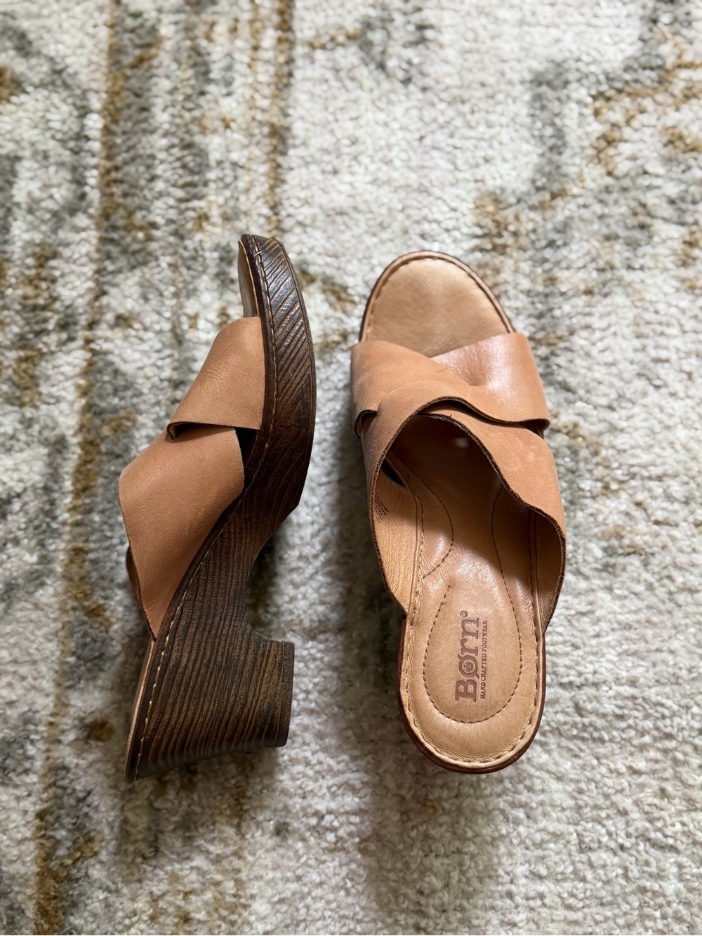 Born Tan Leather Crisscross Wedge Sandals - Size 10